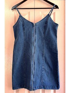 Hem & Thread Denim Mini Dress Size Large Bodycon Full Zip Y2K Grunge Festival